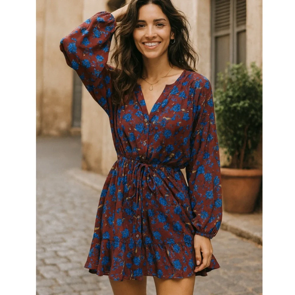 Free People Burgundy Blue Floral Long Sleeve Tie Waist Mini Dress Small